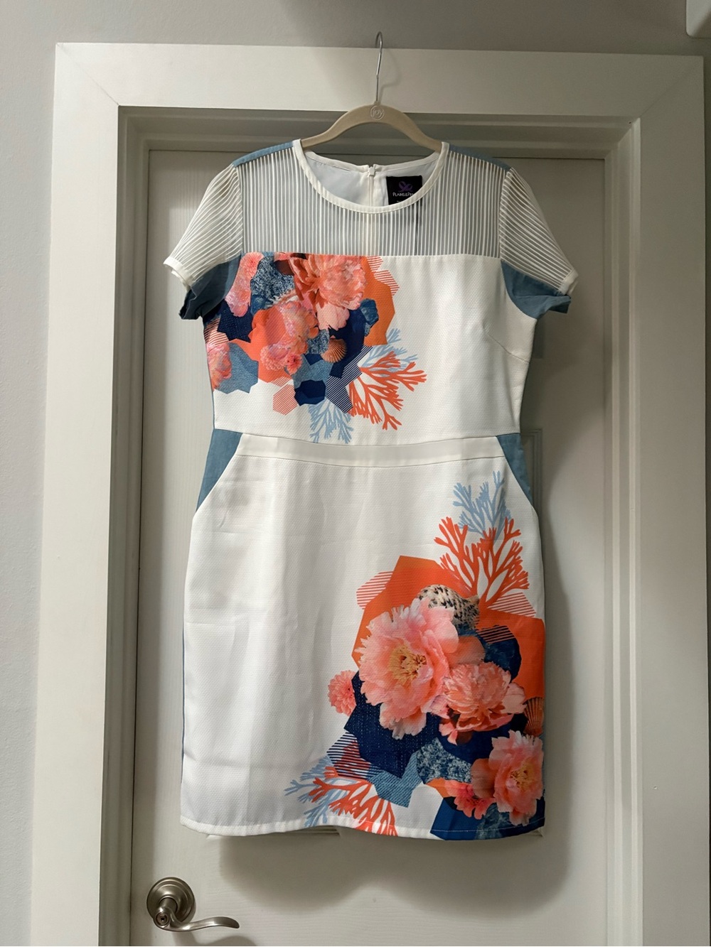 White Midi Dress with Coral Floral and Navy Accents